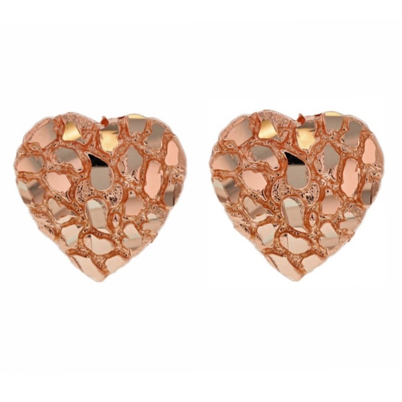 Rose Gold Women’s Cute Solid Pink 925 Sterling Silver Nugget Stud Heart Earrings - Picture 1 of 5